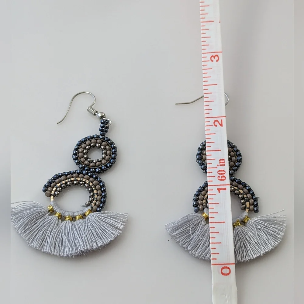 Boho Grey & Gold Tassel Earrings - Picture 4 of 4